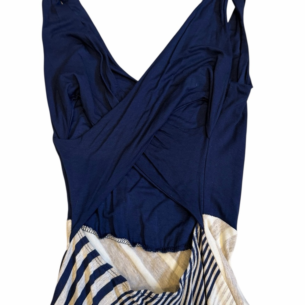 STRIPED Navy MAXI DRESS Open Back STRETCHY SIZE Small - Picture 3 of 7
